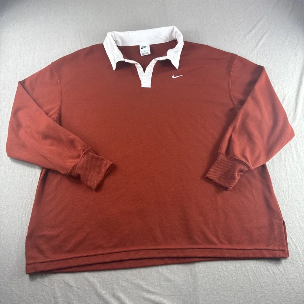 Nike Sportswear Essential Womens M Oversized Long Sleeve Polo Orange FB8720-832